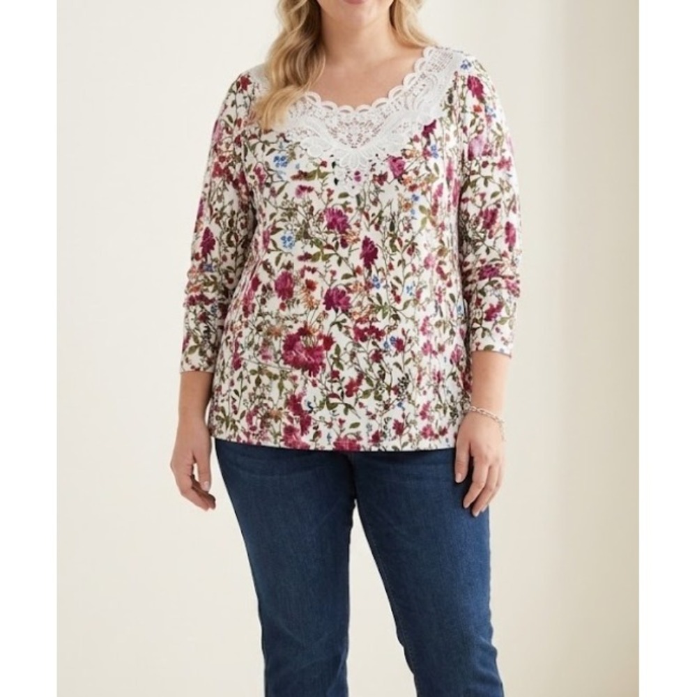 New Noracora Floral Lace V-Neck Blouse XXL Stretch Knit Long Sleeve Feminine